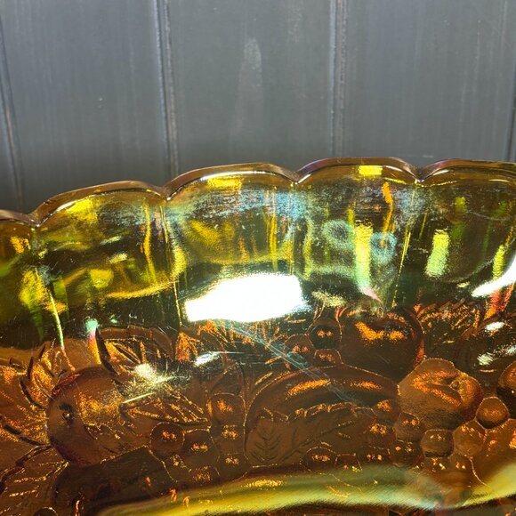 Vintage Indiana Glass Harvest Grapes Carnival Glass Footed Oval Fruit Bowl - Picture 12 of 16